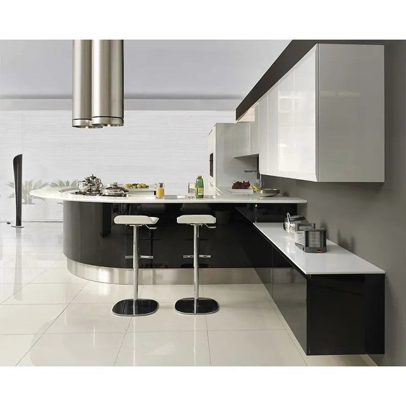 Modern tarz beyaz siyah lak mutfak ada yuvarlak mutfak dolapları