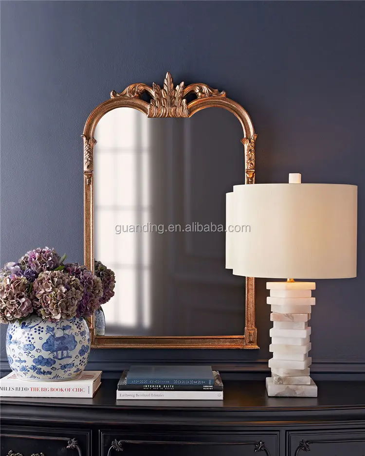 Espejo de pared con marco para sala de estar, diseño curvo único de pintura dorada de madera antigua