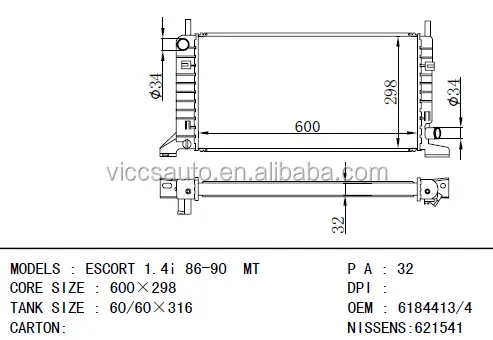 OEM 6184413/4 para FORD ESCORT 1.4i 86-90 MT auto radiador de aluminio fabricante de china