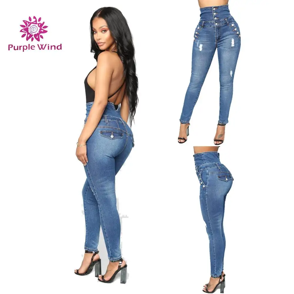 Calça jeans de cintura alta, design de botão de cintura alta, plus size, para mulheres