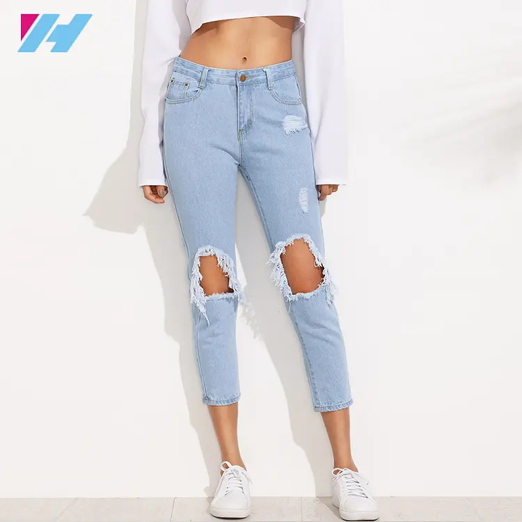 Лидер продаж 2019, новые продукты, женские Синие рваные узкие джинсы до колена, женские джинсовые брюки