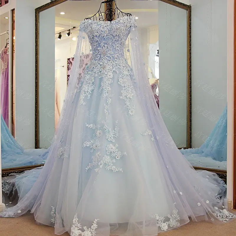Ls58001 vestido de noiva, vestido de noiva com estampas floridas, azul, de ombro transparente, de organza