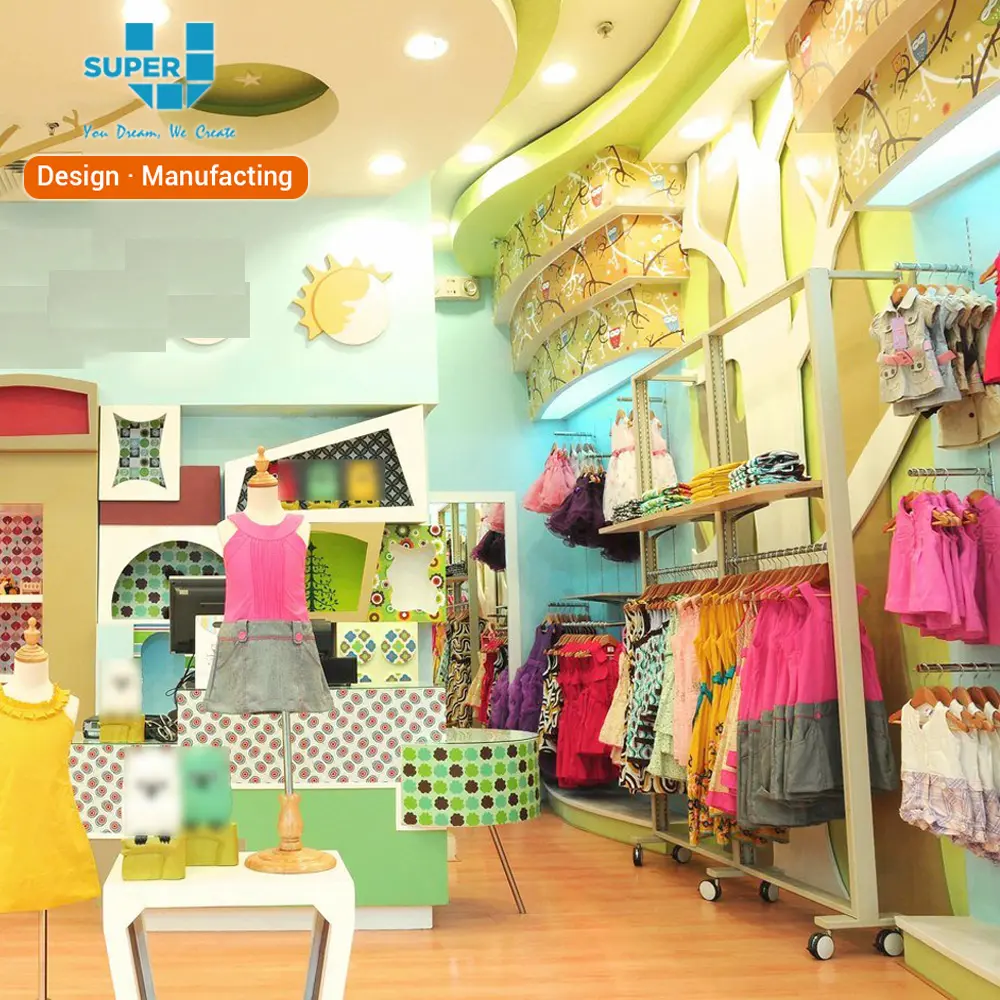 Fabrika toptan fiyat ahşap çocuk elbise up bebek giysi rafı ekran perakende mağaza için dekor