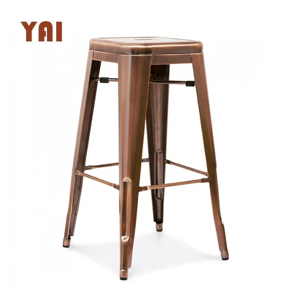 Tabouret de bar français vintage en acier, sans fil, chromé, or rose, comptoir en fer, carré, industriel