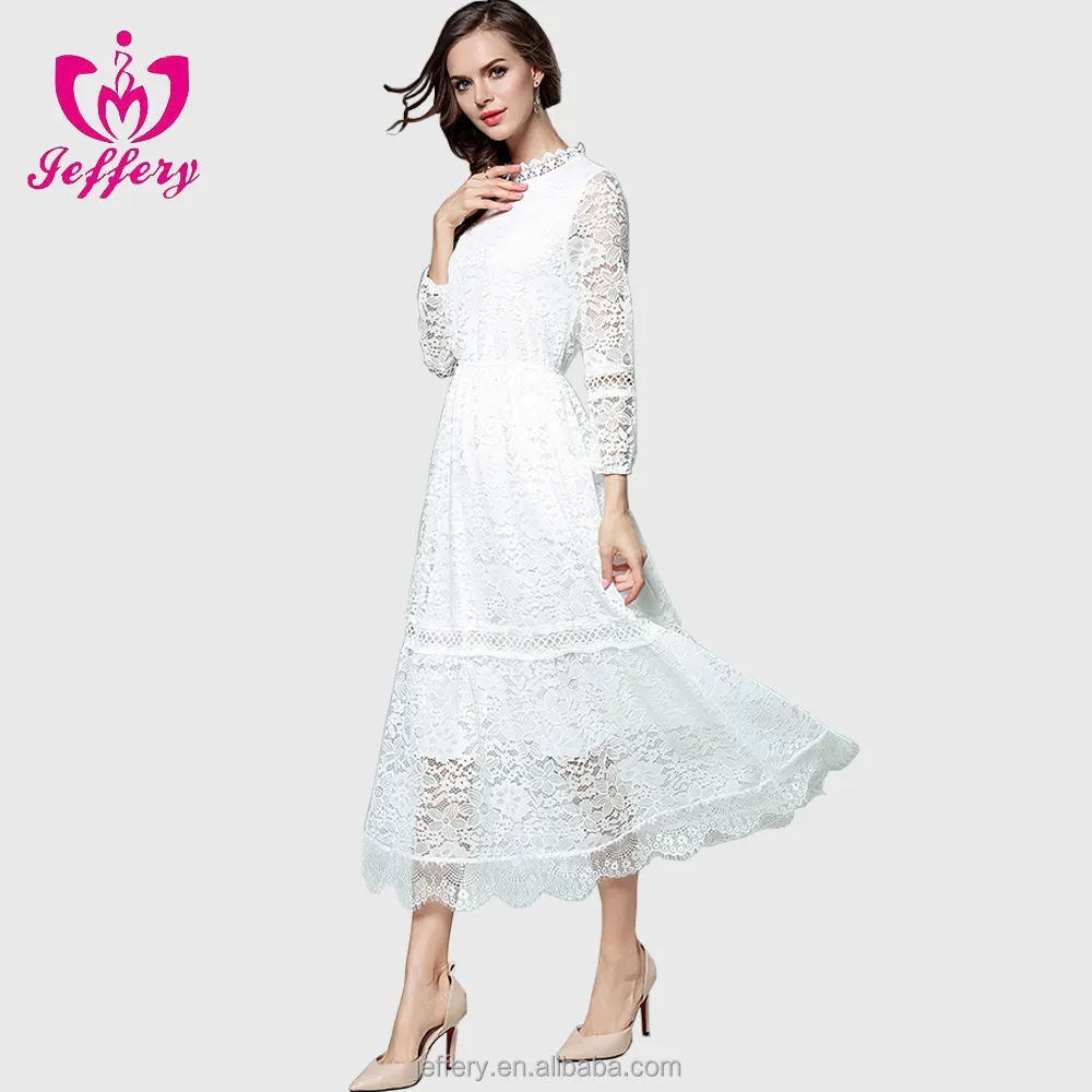Hot Sale New Model Ladies Elegant Pattern Sexy Long Lace White Dress