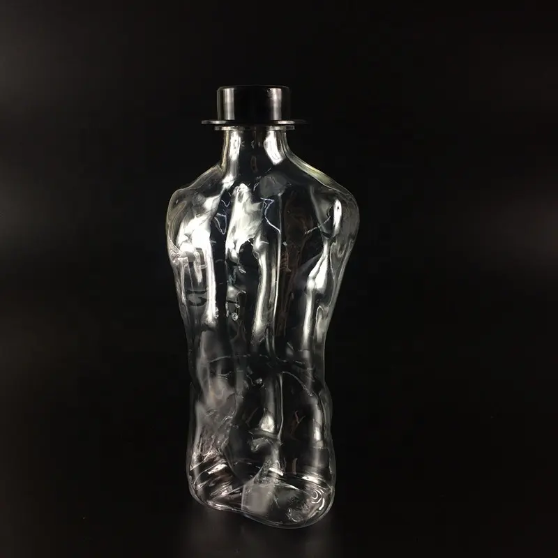 Clara desechable material para mascotas de la forma del cuerpo agua de jugo de leche botella de plástico de embalaje de ampolla botella de bebida con tapas