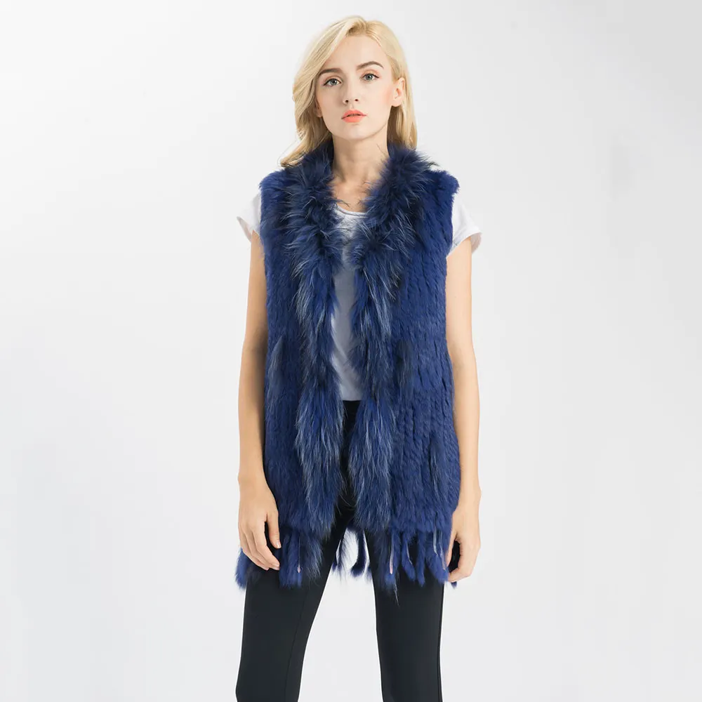 Gilet en vraie fourrure de lapin tricotée pour femmes, Gilet chaud avec col en véritable fourrure de raton laveur, Gilet de veste naturelle en fourrure naturelle, nouveau Style