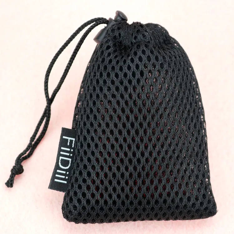 Red de embalaje de jabón de poliéster ecológico, pequeña bolsa de malla de nailon con cordón