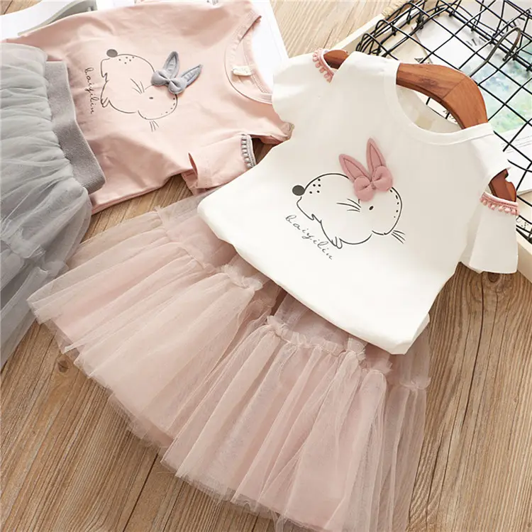 Conjunto de vestido de manga corta para niña, camiseta de algodón de conejo de dibujos animados con falda de tutú, vestidos bonitos de verano para bebé de 2 a 6 años, venta al por mayor