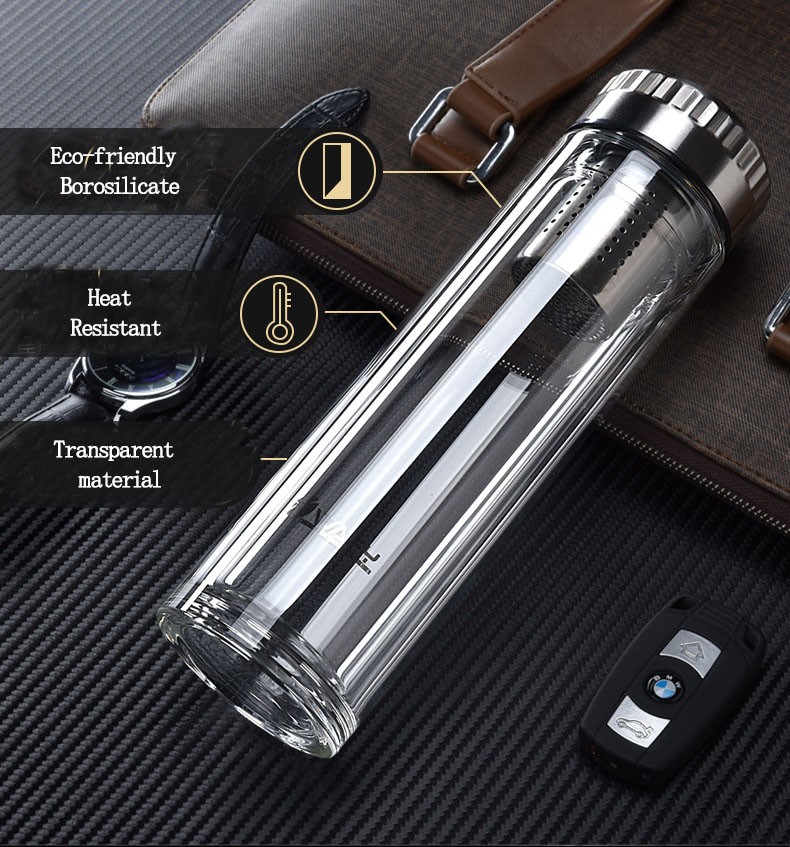 support custom 10OZ Double layer glass water bottle borosilicate glasses with tea influser