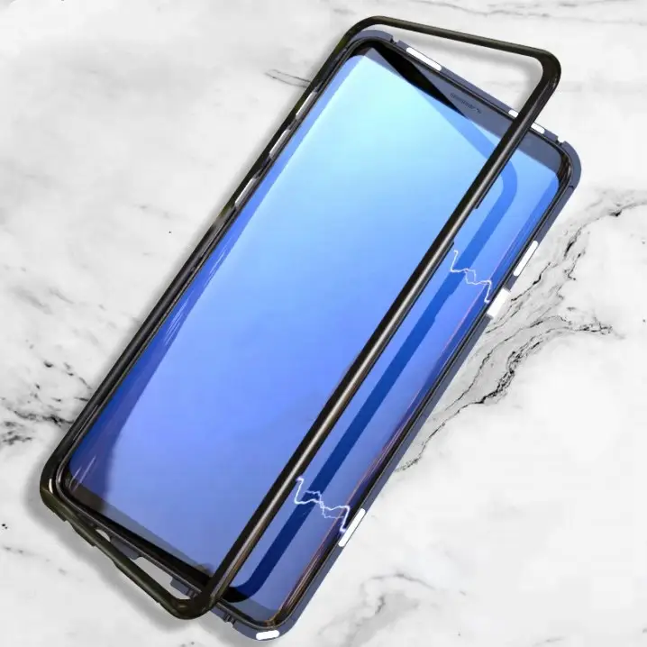 360 Degree Full Cover Magnetic Adsorption Phone Case Metal Frame Tempered Glass Case For Samsung S9, S9 Plus