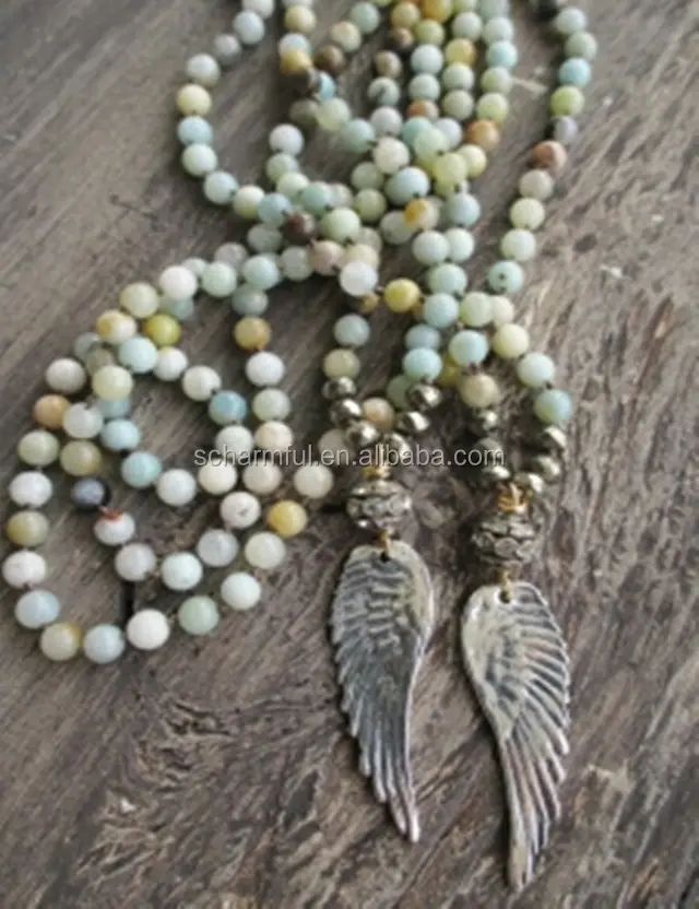 N00915 Boho Knot Natural Amazonite Stone Bead Necklace With Angle Wing Charm Pendant