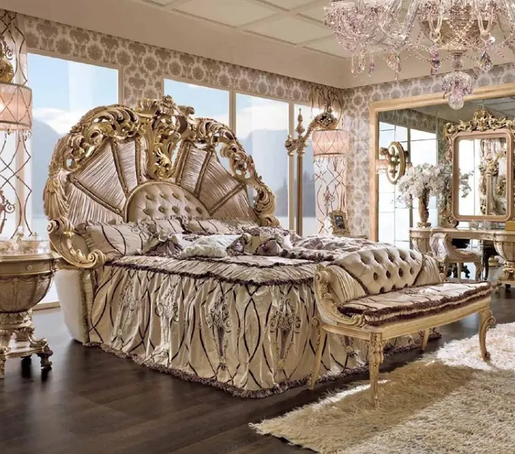 Lüks stil kraliyet İmparatorluk el yapımı avrupa Rococo altın Leafing antika yatak ana yatak odası için BF05-10030