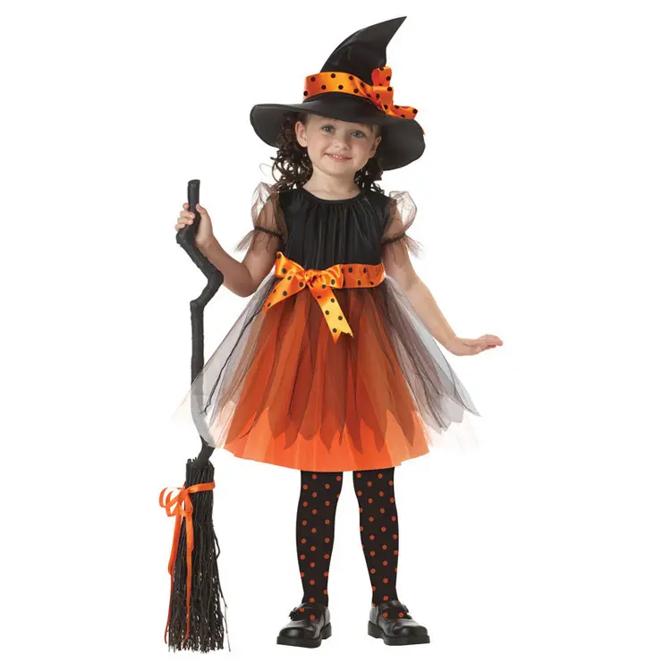 Tempo di festa di Vendita Calda Per Bambini Arancione Strega Cosplay della Strega di Halloween Costumi per le Ragazze