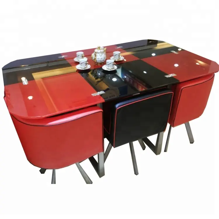 Mesa de comedor de cuero PU con tapa de cristal y 6 sillas, venta al por mayor, barata