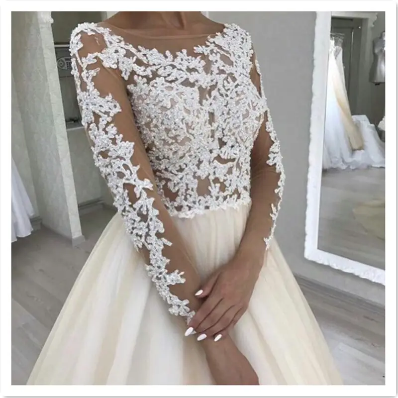2019 nuevo diseño ilusión top de encaje de manga larga falda de tul vestido de novia fábrica botón o cuello vestido vestidos de boda