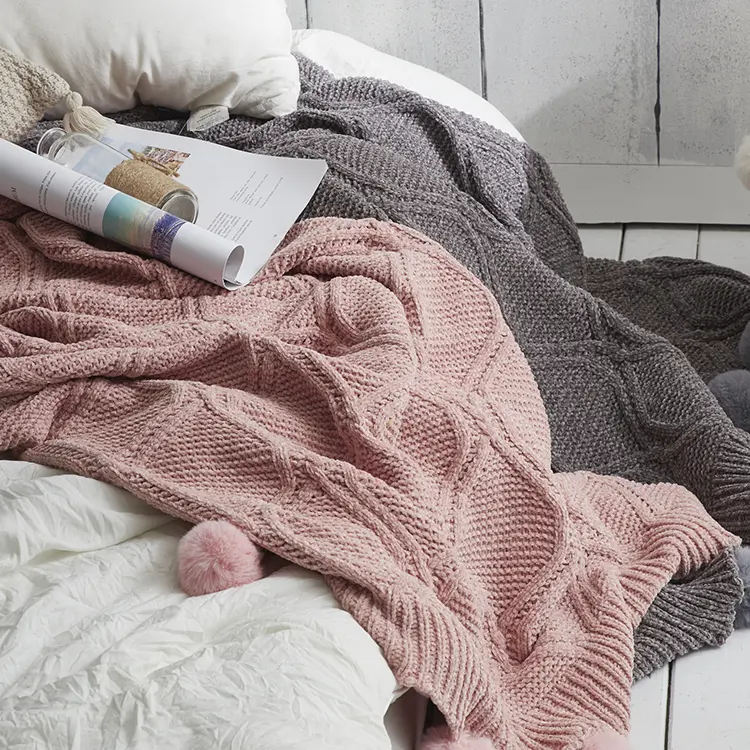 Couverture tricotée pour bébé en coton biologique, lot de 100% pièces, couvertures de Pom-Pom, lourde, avec pompon