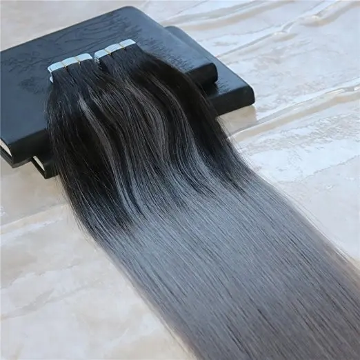 Luxe Kwaliteit Onbewerkte Ombre Silver Grey 100% Europees Haar Tape Haarverlenging