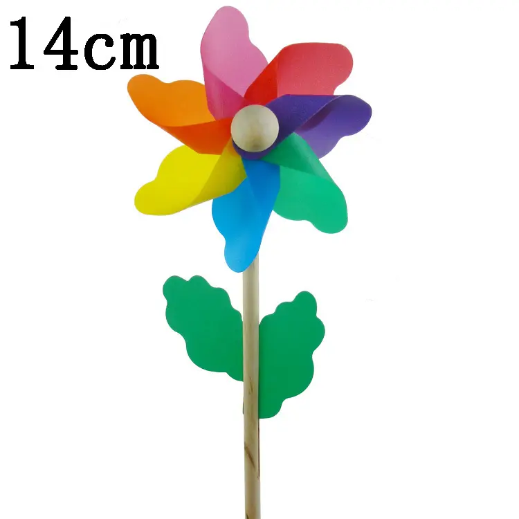 14cm Colorful Pinwheels Kids Rainbow Wood Wand Plastic Windmill Toys For Outdoor Decoration