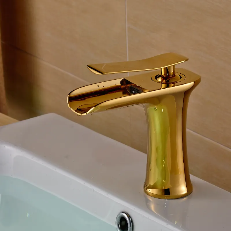 ROVATE basin mixer for bathroom basin faucet gold waterfall faucet brass gold water fall bathroom basin faucet wide