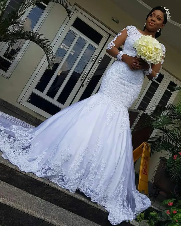 FA123 2022 Illusion maniche lunghe abiti da sposa africani sirena pizzo Applique tromba abiti da sposa Sweep Train abiti da sposa