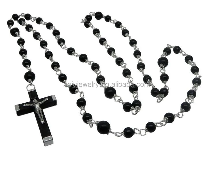 925เงินสเตอร์ลิงคาทอลิก Rosaries สีดำนิล