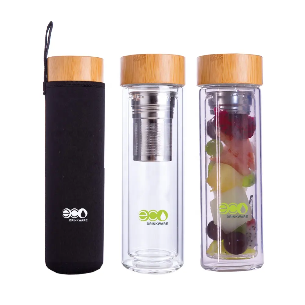 Promotion individuell bedrucktes Logo cooles Design Glas wasser flasche mit Laser gravur Bambus kappe