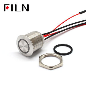 FILN 19MM 12V rojo amarillo verde azul con IP68 impermeable plana redonda interruptor de botón momentáneo de metal con alambre de acero inoxidable