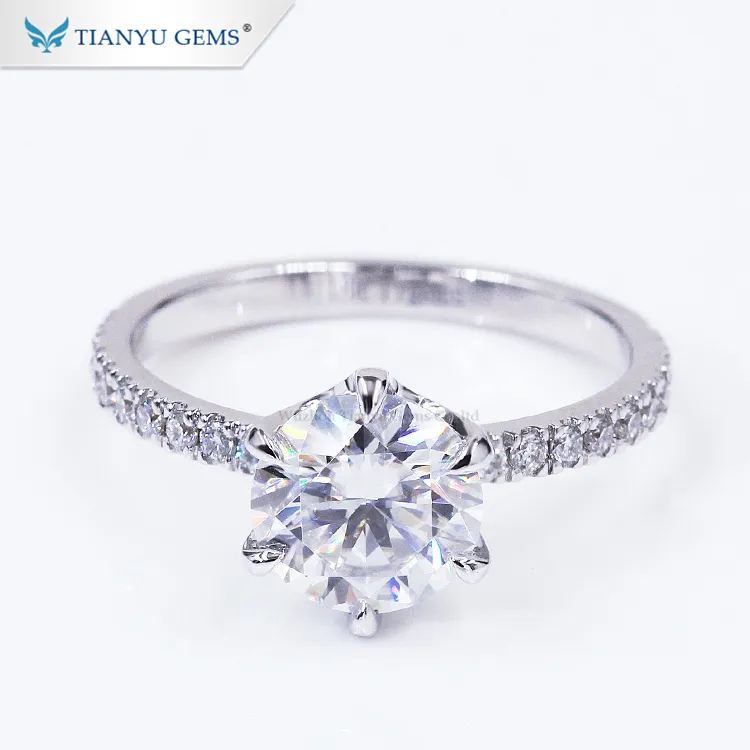 Tianyu Customized 14K/18k white Gold Ring 7.5mm round heart&arrow Moissanite Diamond engagement lady Ring