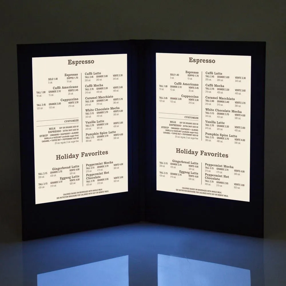 Restaurant Electronic LED Backlit PU Leather Menu holder Dual Size bar used leather glow menu cover