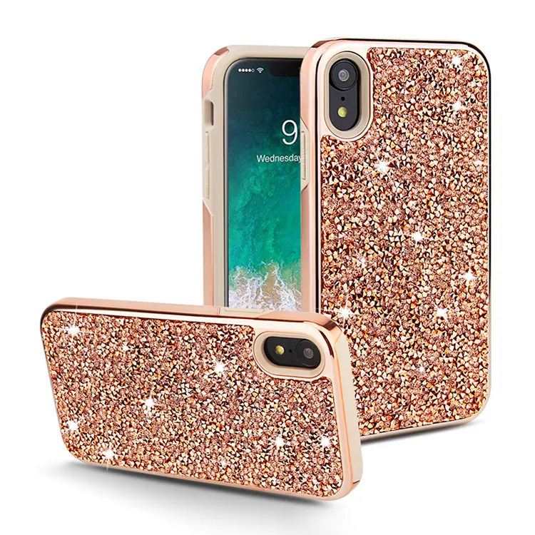 Custodia di lusso in resina con strass bling glitter per iPhone Xr X 11 12 13 14 custodia rigida per pc con placca rigida custodia robusta antiurto