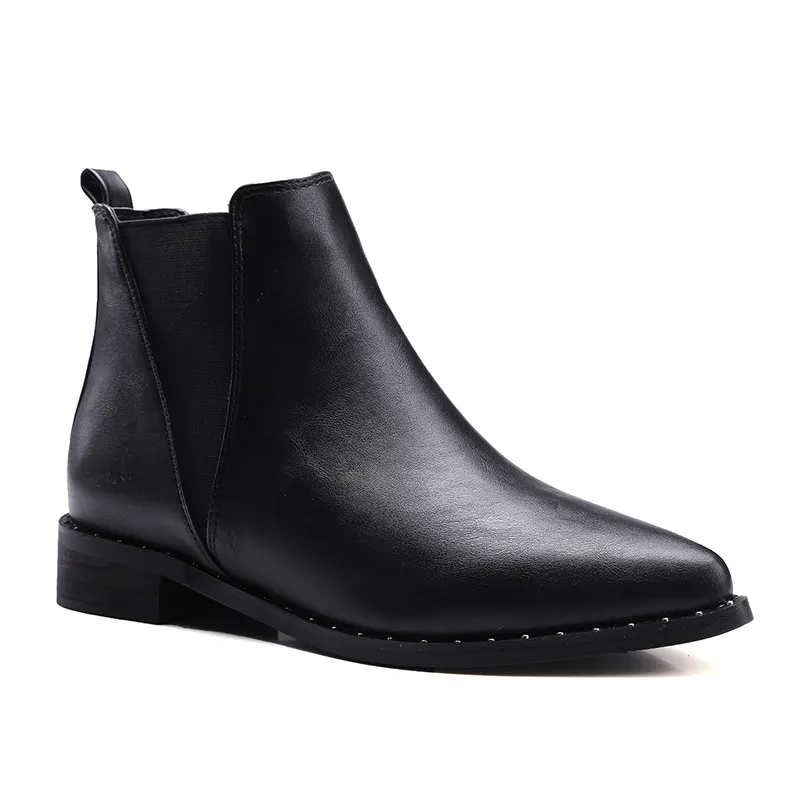 WETKISS China Product Slip On Ankle Boots Women Shoes Solid Black Low Block Heel Winter Booties Pointed Toe Chelsea Boots Rivets