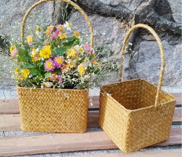 Decoración de la boda rectangular flor regalo hecho a mano de seagrass cesta de paja cesta de la flor