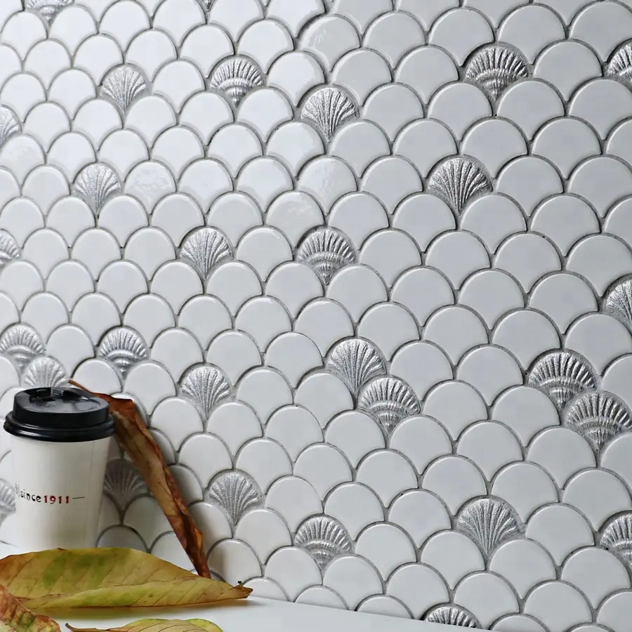 MM Mozaik beyaz satılık karışımı metalik sırlı porselen balık pulu mozaik karo
