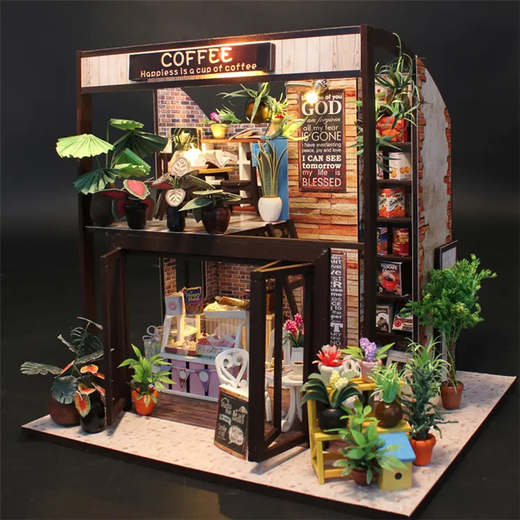 Hongda New Products Coffee Shop Doll House Toy Kids Furniture 3D diy miniature kit Play Doll House for kid