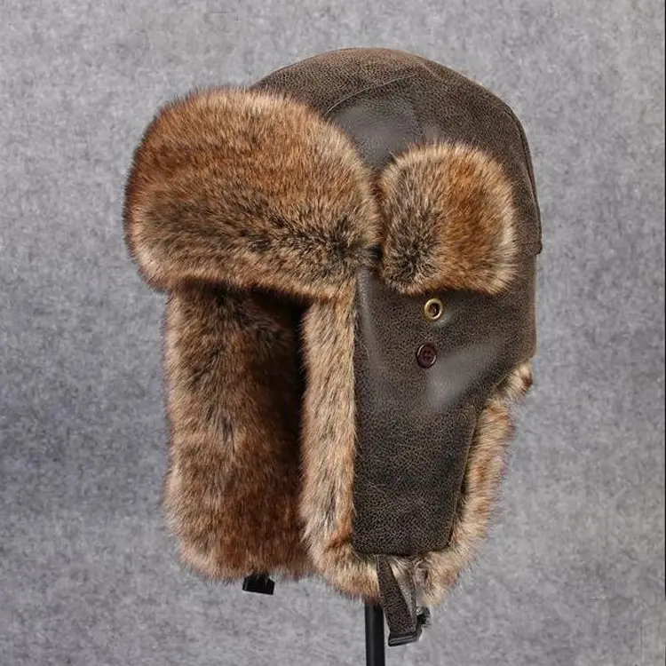 남자 토끼 가죽 모피 모자 러시아 소련 아빠 Ushanka Trapper 모피 모자 겨울 모자 남자