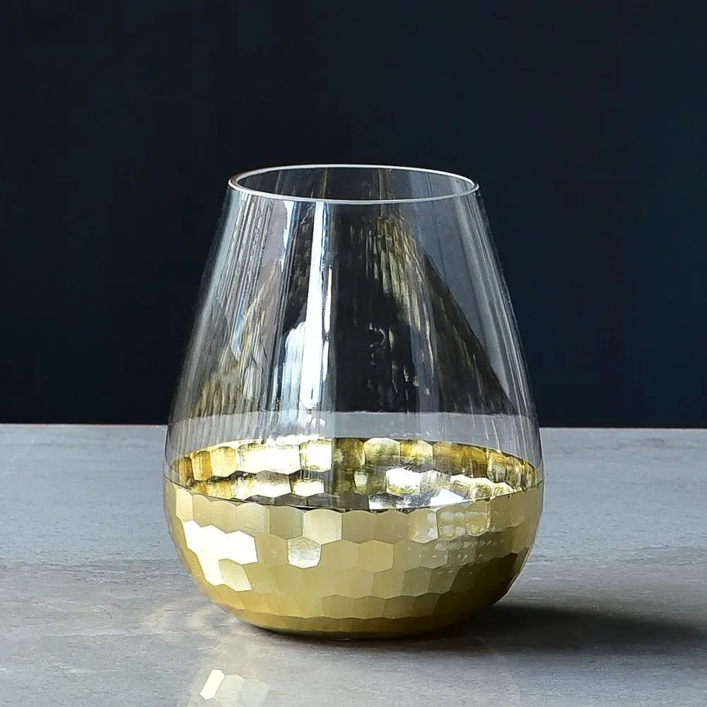 Bixuan Mouth-blown Candleholder Clear Glass with Golden Honeycomb Decor Centerpieces Bowl Tea Light Holder Glass Vase, 14x16cm