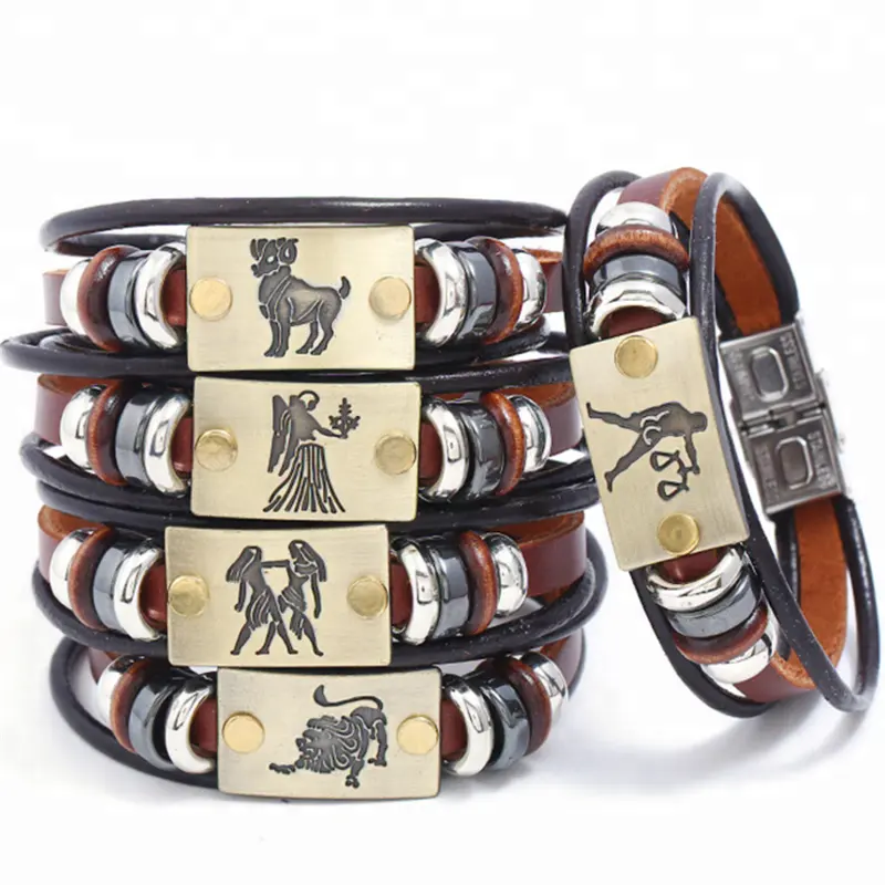 Bracelet en cuir avec signes du zodiaque pour hommes, accessoire unisexe Vintage, d'astrologie, décontracté, style Punk, 12 modèles au choix