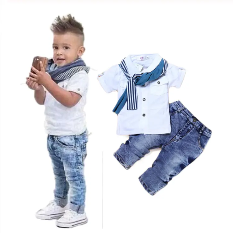 Bebê Menino Roupas Casuais T-Shirt + Lenço + Calça Jeans 3pc Conjunto de Roupas de Bebê Verão Criança Crianças Traje Para Os Meninos 2019 Criança Meninos Roupas