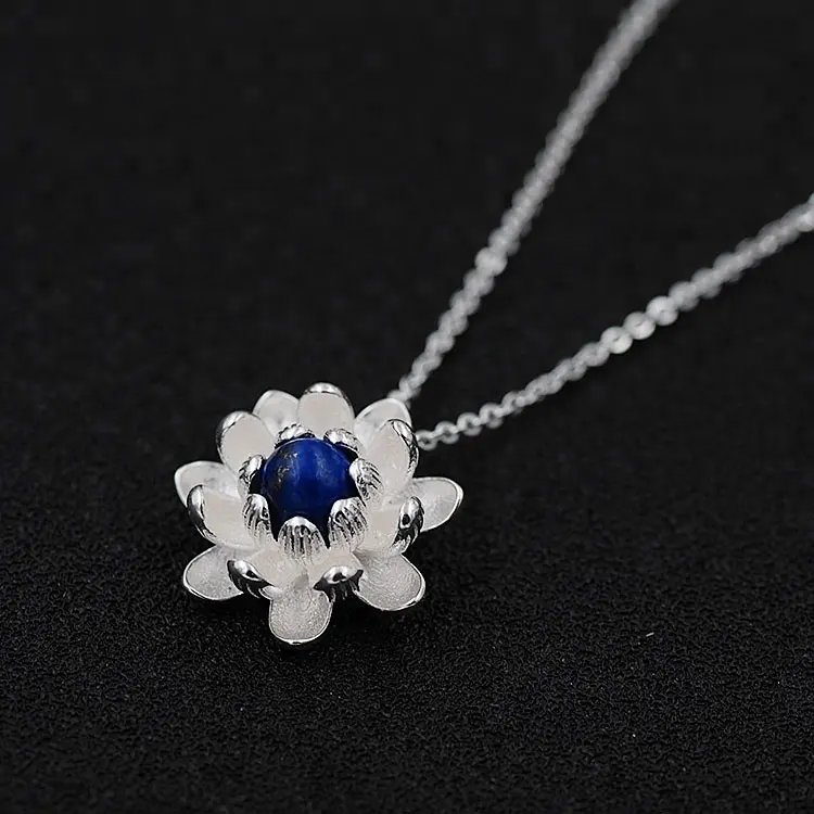 lotus flower shaped pendant necklace with semi-precious stone