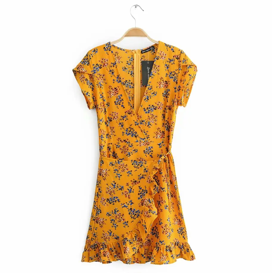 Vestido de verão para senhoras, vestido curto estampado floral e plissado