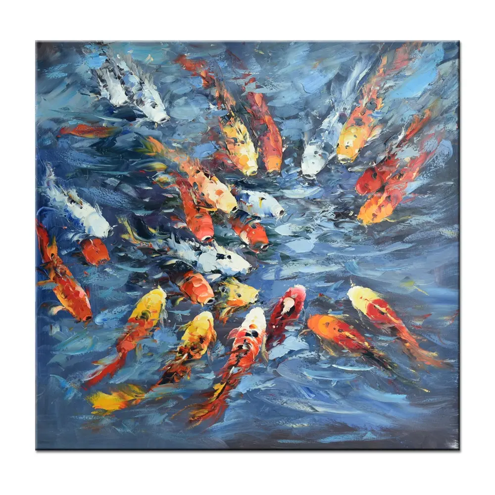 Lrage arte contemporáneo hecho a mano colorido abstracto japonés peces Koi pintura de aceite