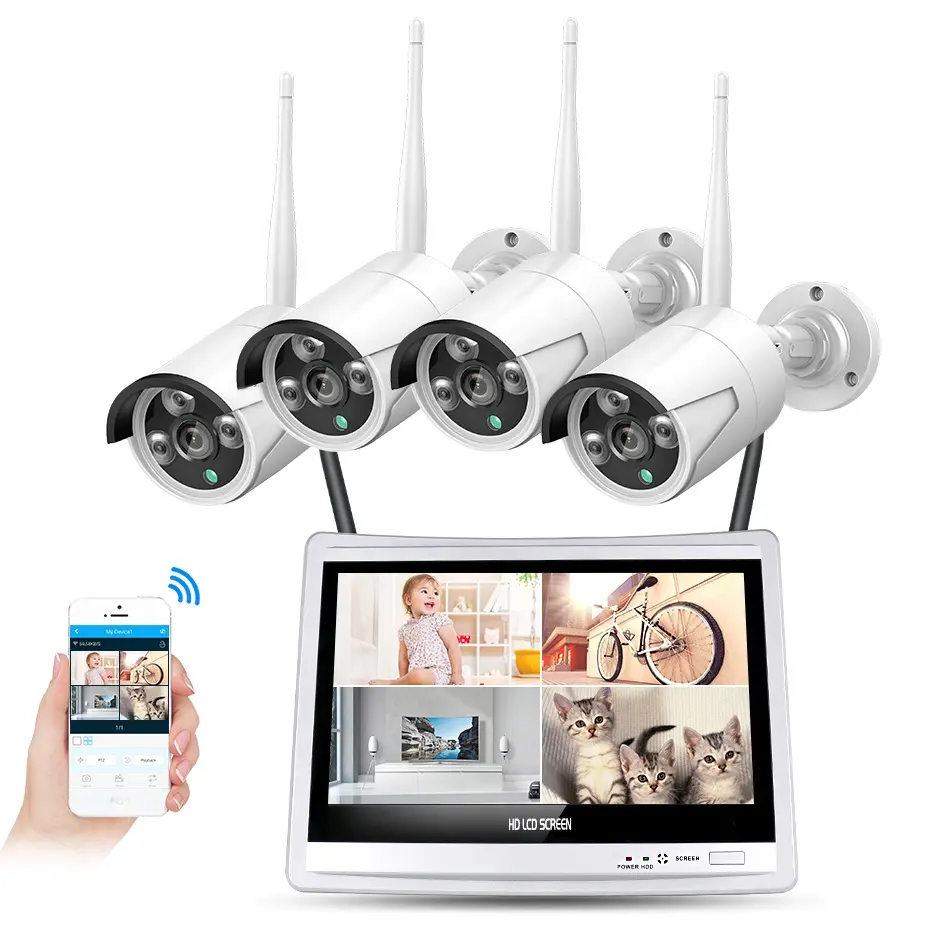 Monitor schermo LCD sistema NVR wireless 4CH impermeabile outdoor 1080p CCTV sistemi di sicurezza Kit telecamera ip Wifi