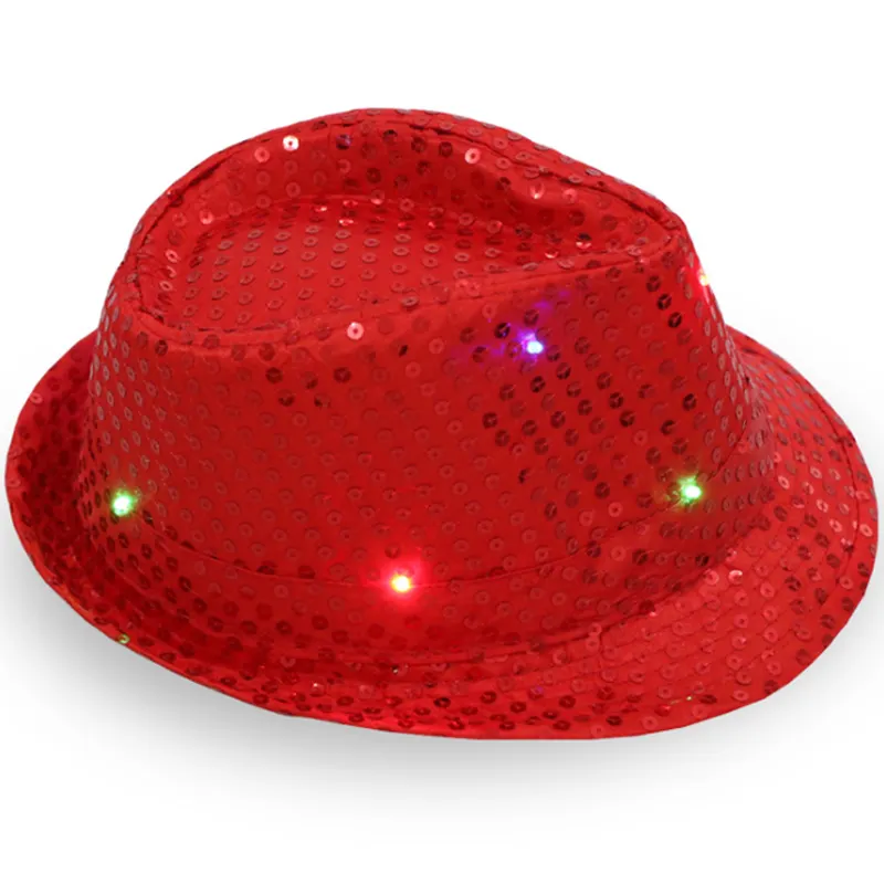 LED Flashing Light Up Hat Sequin Jazz Hats Halloween Party Wedding Cap for kids and adult