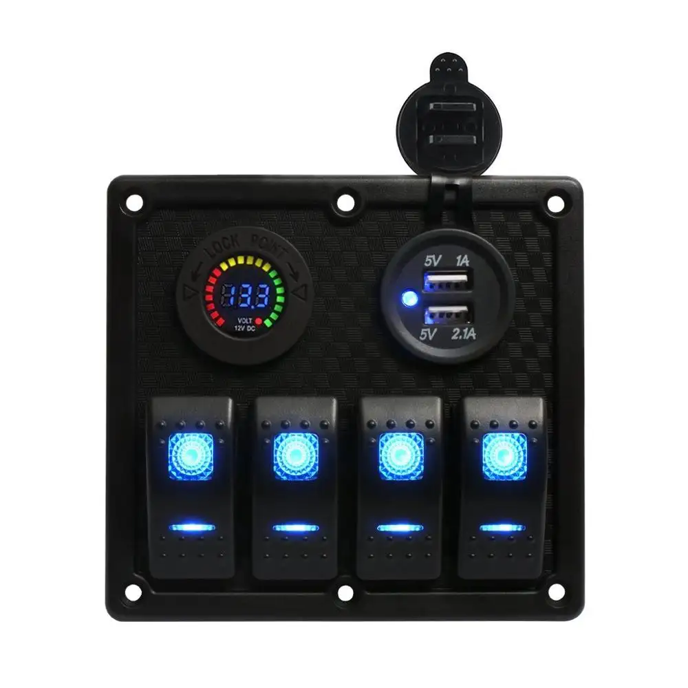 4 gang boat Rocker Switch Panel with Digital Voltmeter and usb charger 12v-24v