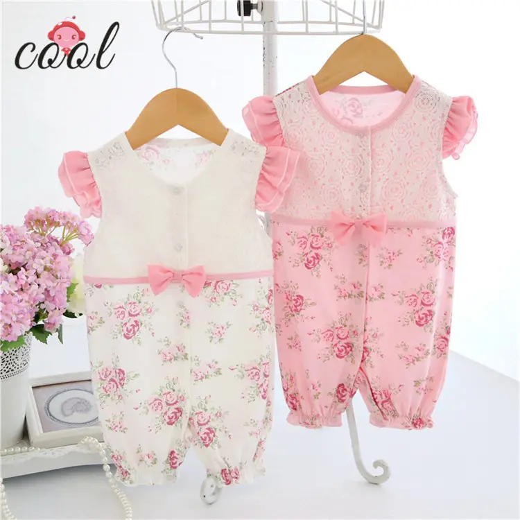 Estate manica corta di colore rosa del cotone floreale della ragazza pagliaccetti del bambino abbigliamento neonato