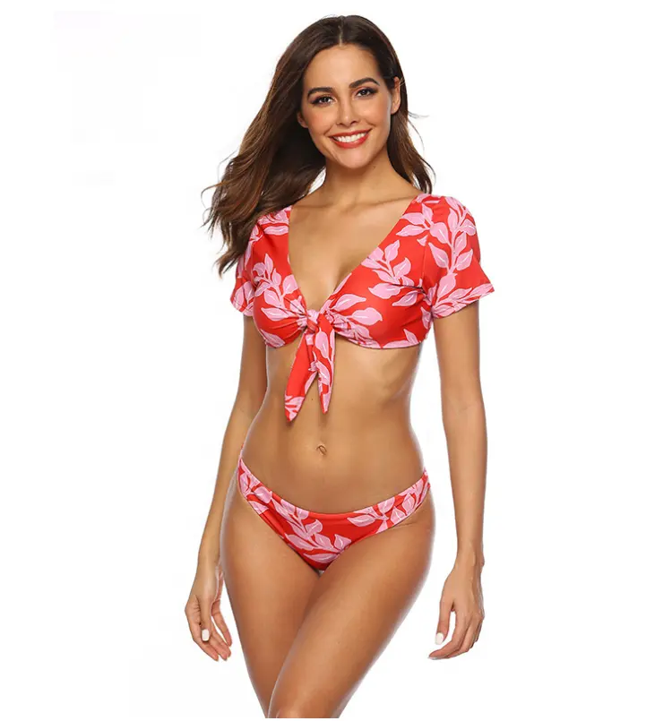 Custom Women's Swimming Suits Chinese Style Knot On The Chest Red Floral Bikini With Short Sleeve