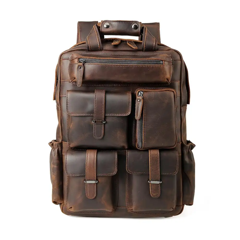 Ordenado masculino de couro legítimo, marca, vintage, bolsa para laptop, couro de vaca genuíno, mochila para viagem