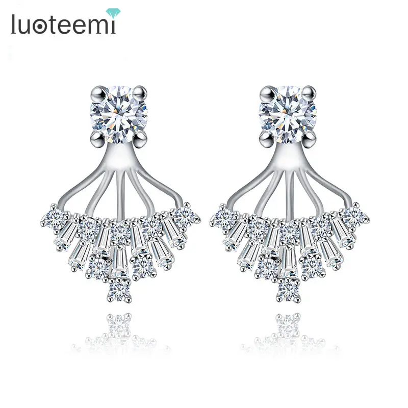 LUOTEEMI nuevo espumosos 3A Cubic Zirconia oreja chaquetas, pendientes para las mujeres de doble cara Bijoux venta al por mayor de joyería