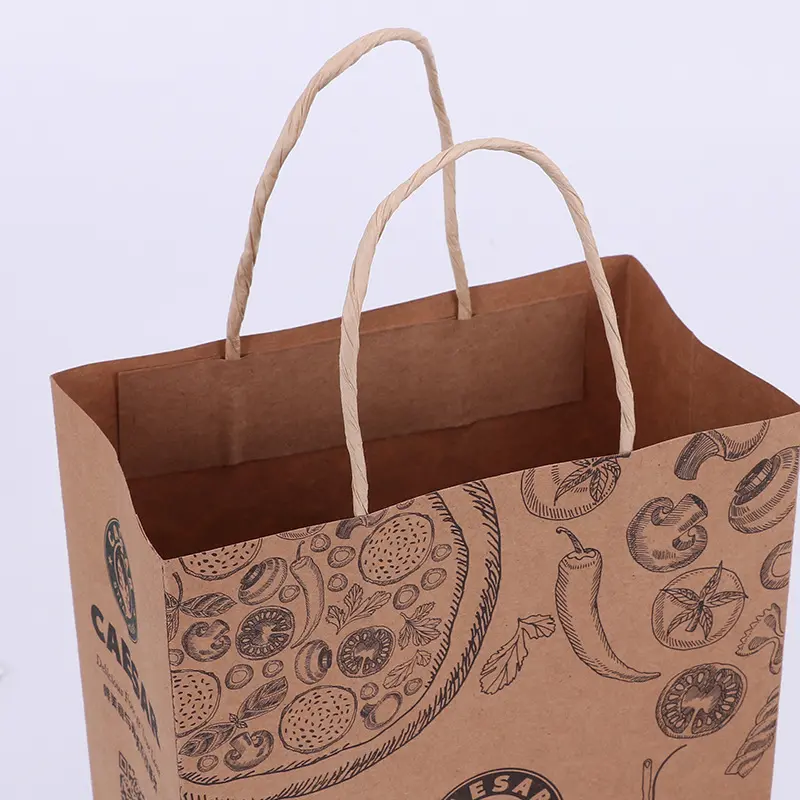 Bolsa de papel impresa personalizada para llevar, asa para llevar bolsas, bolsa Kraft para llevar alimentos